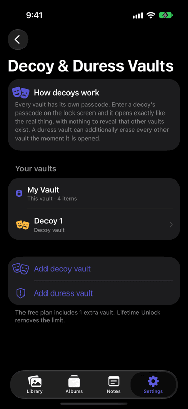 The Decoy & Duress Vaults screen in Vault Max settings: a note explaining how decoys work, a list showing My Vault and Decoy 1, and buttons to add a decoy vault or a duress vault.