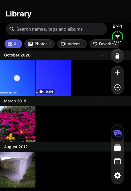 The Vault Max library on the iPhone Duo's outer display: photos grouped by month, with the lock, add and menu buttons and the Library, Albums, Notes and Settings tabs in the side strip along the right edge.