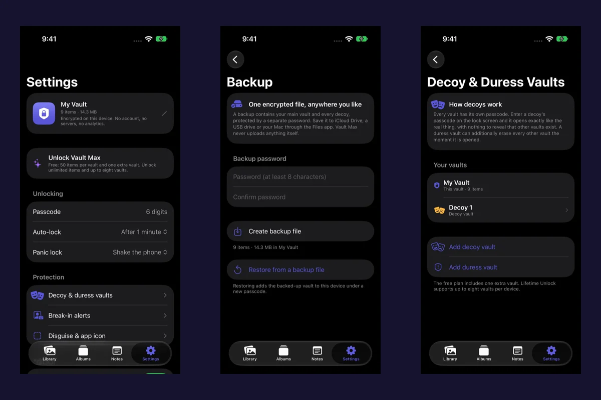 Vault Max Settings, Backup form and main/decoy vault management