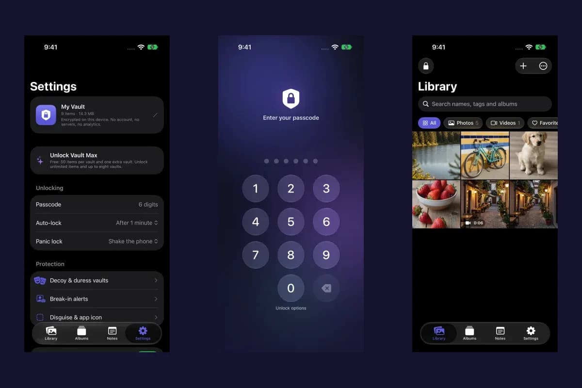 Vault Max Settings with Break-in alerts, the passcode screen and the private library