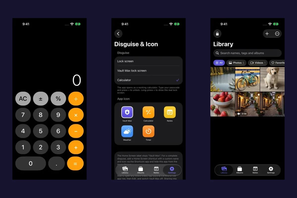 Vault Max calculator screen, Disguise and Icon settings, and the unlocked private library