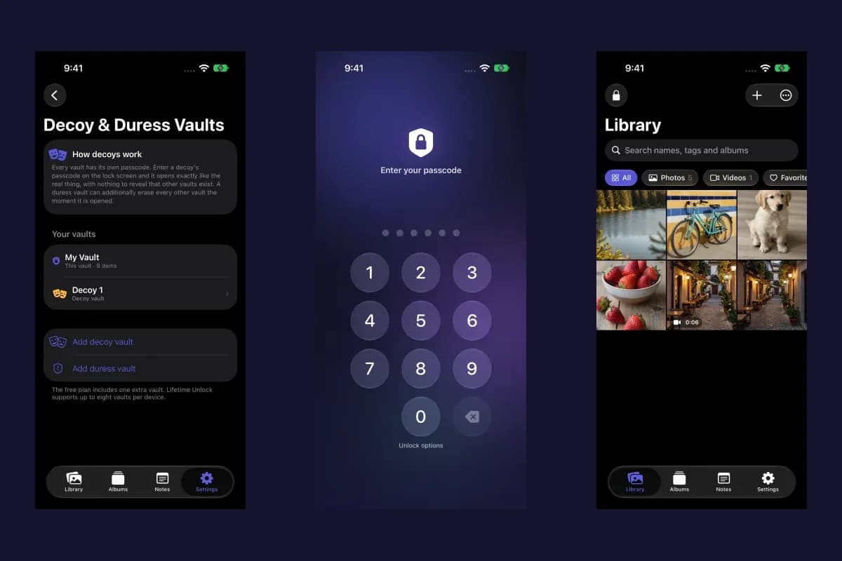 Vault Max main and decoy vault list, credential screen and private media library