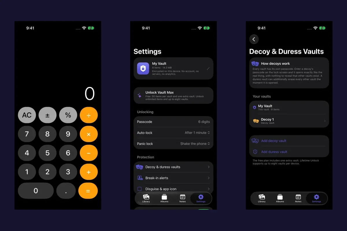 Vault Max calculator disguise, protection Settings and decoy vault management