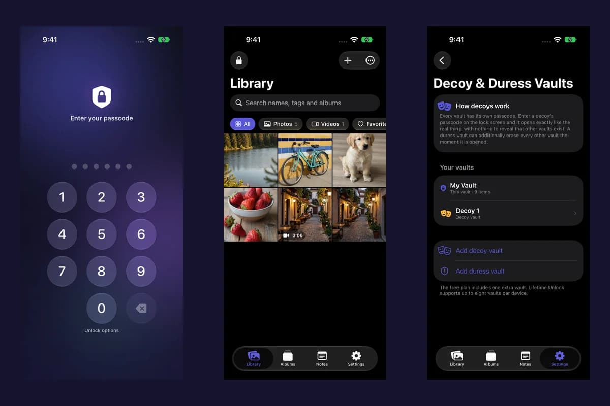 Vault Max lock screen, private media library and decoy vault management