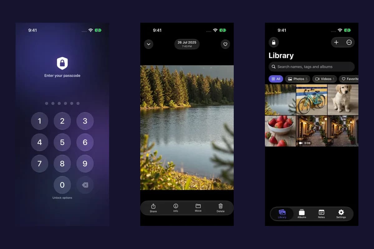 Vault Max passcode screen, photo viewer and private media library