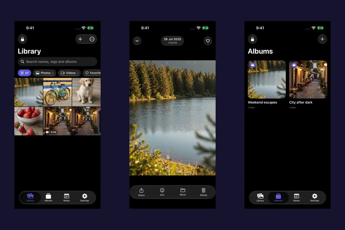 Vault Max Library, full-screen photo viewer and Albums