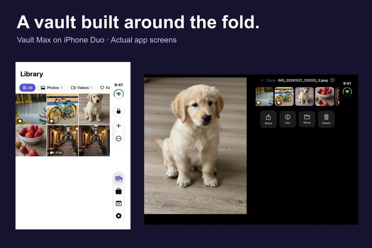 Actual Vault Max captures compare the compact iPhone Duo library with the partially folded split photo viewer and filmstrip