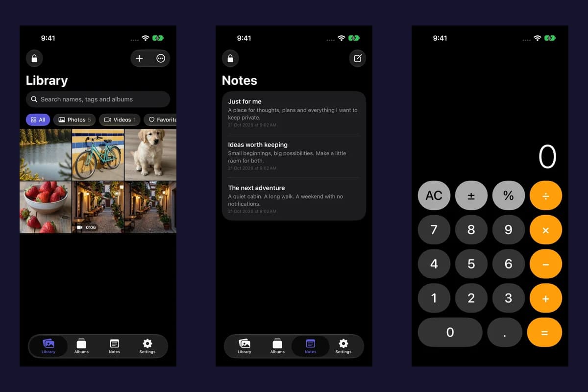 Vault Max private media library, Notes and calculator unlock screen