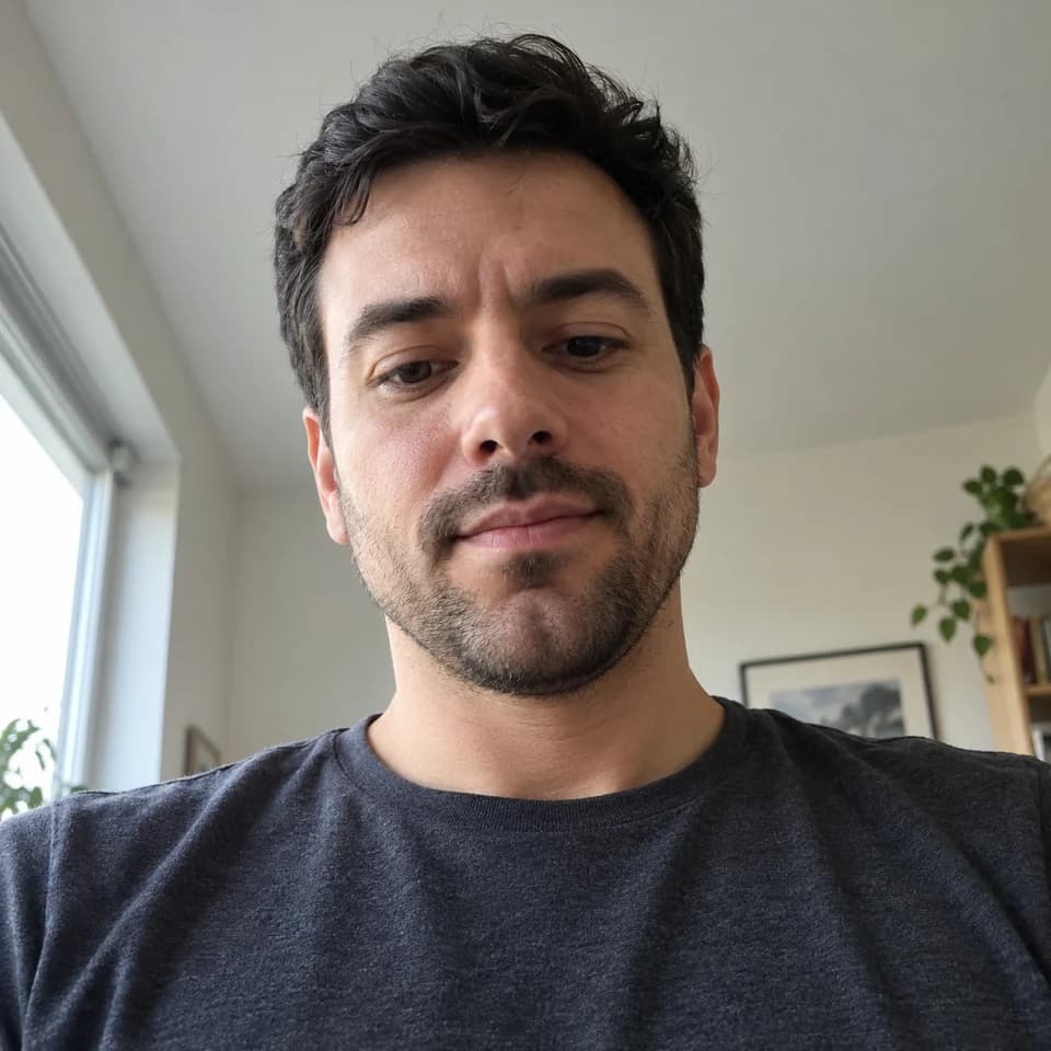 AI-generated illustrative portrait of a fictional adult looking down toward a phone; not an actual intruder or app capture