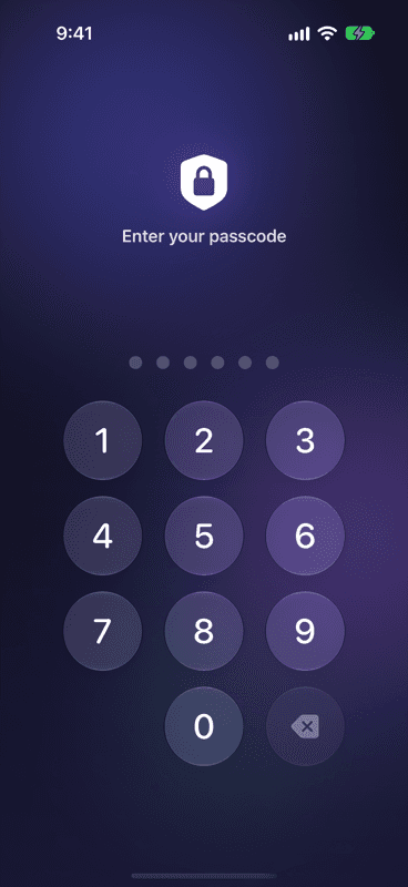 The Vault Max lock screen on an iPhone: a shield and lock mark, the words Enter your passcode, six empty dots and a numeric keypad on a dark violet background.